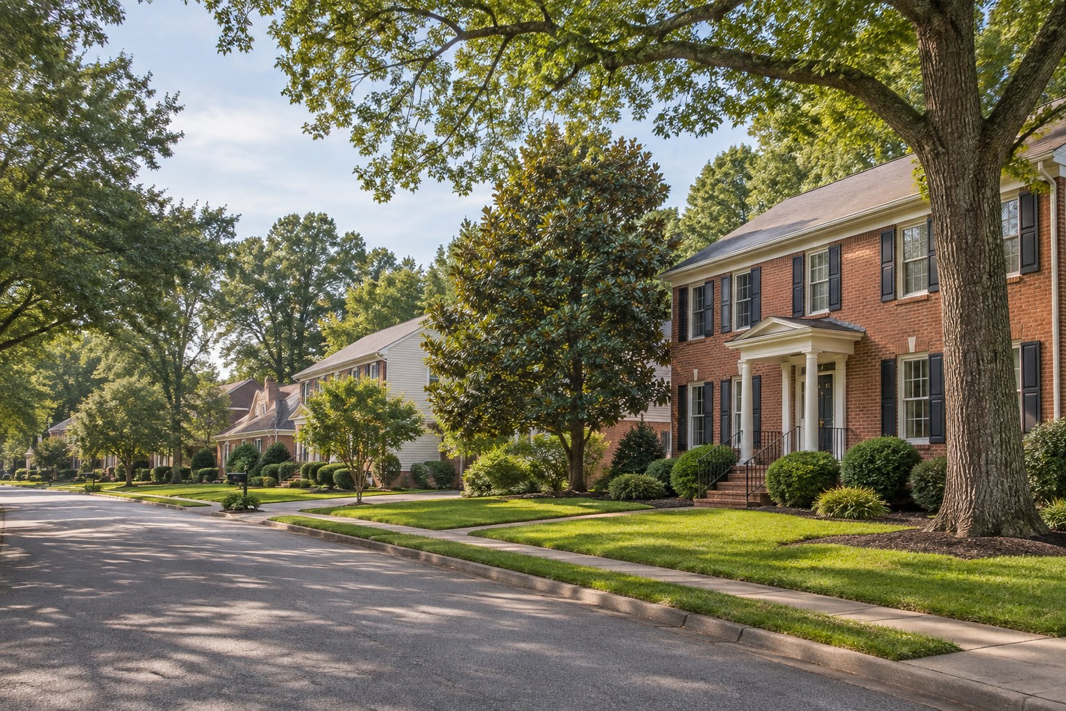 A tidy home with mature trees on Hampton Roads, illustrative