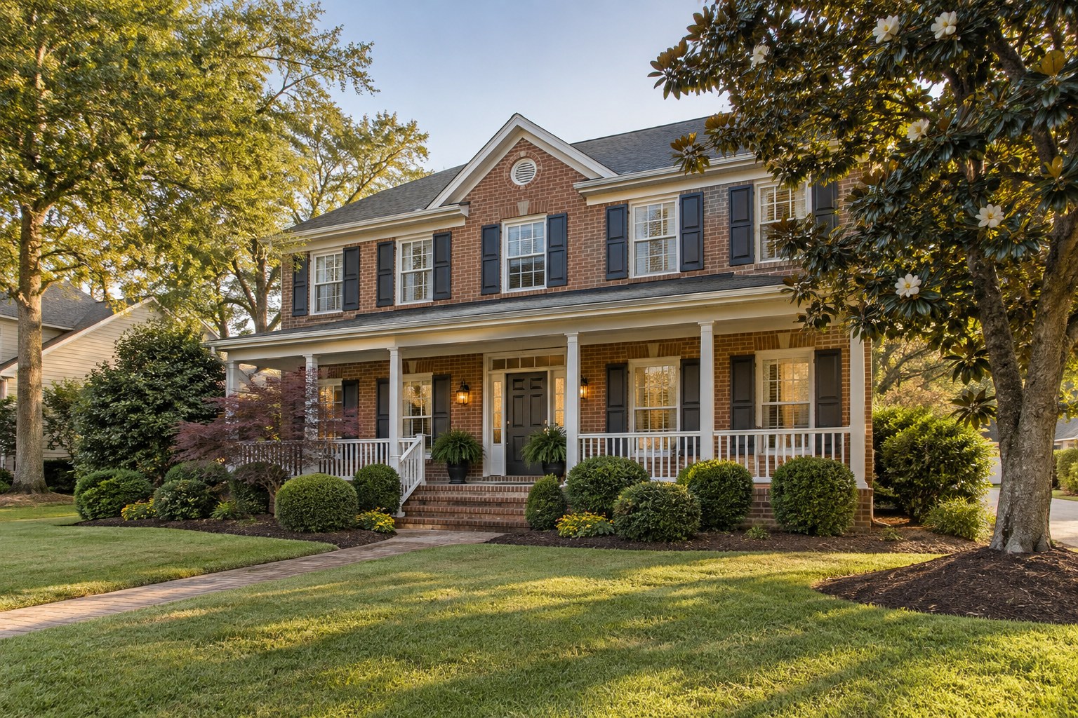 A Virginia home with trees and warm evening light on a quiet Hampton Roads street, illustrative
