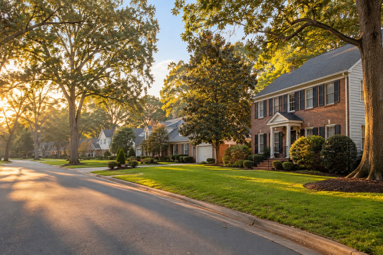 A tree lined Chesapeake street at sunset, illustrative