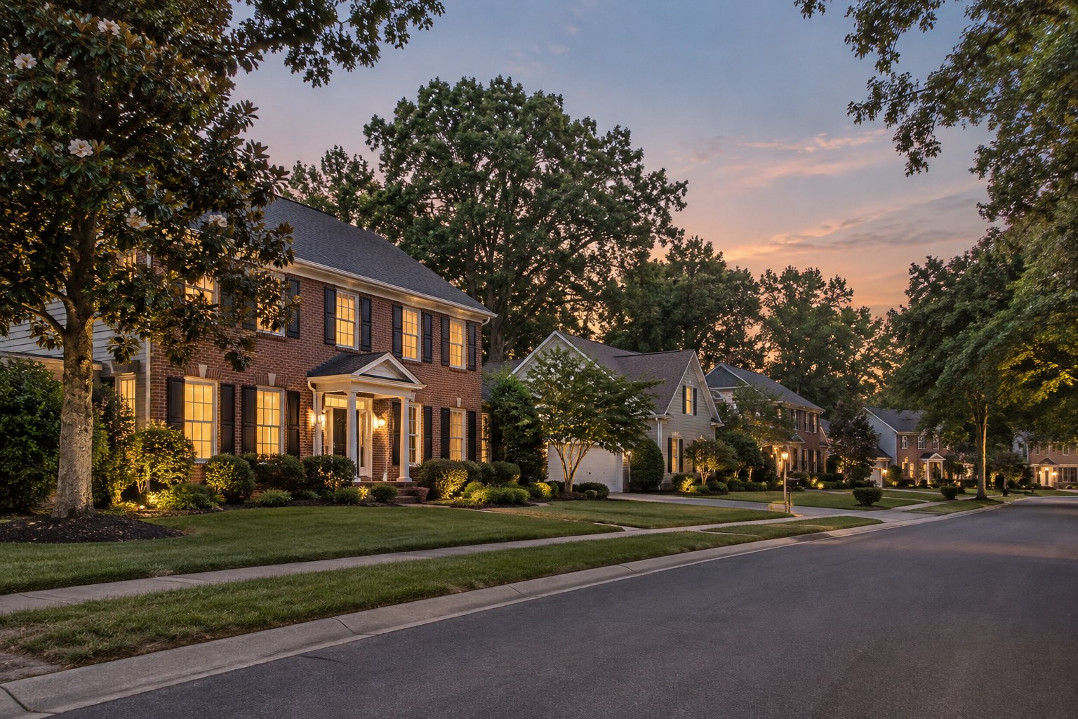 Homes along a tree lined Hampton Roads street, illustrative
